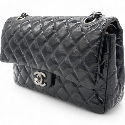 Distressed Patent Quilted Double Flap Black