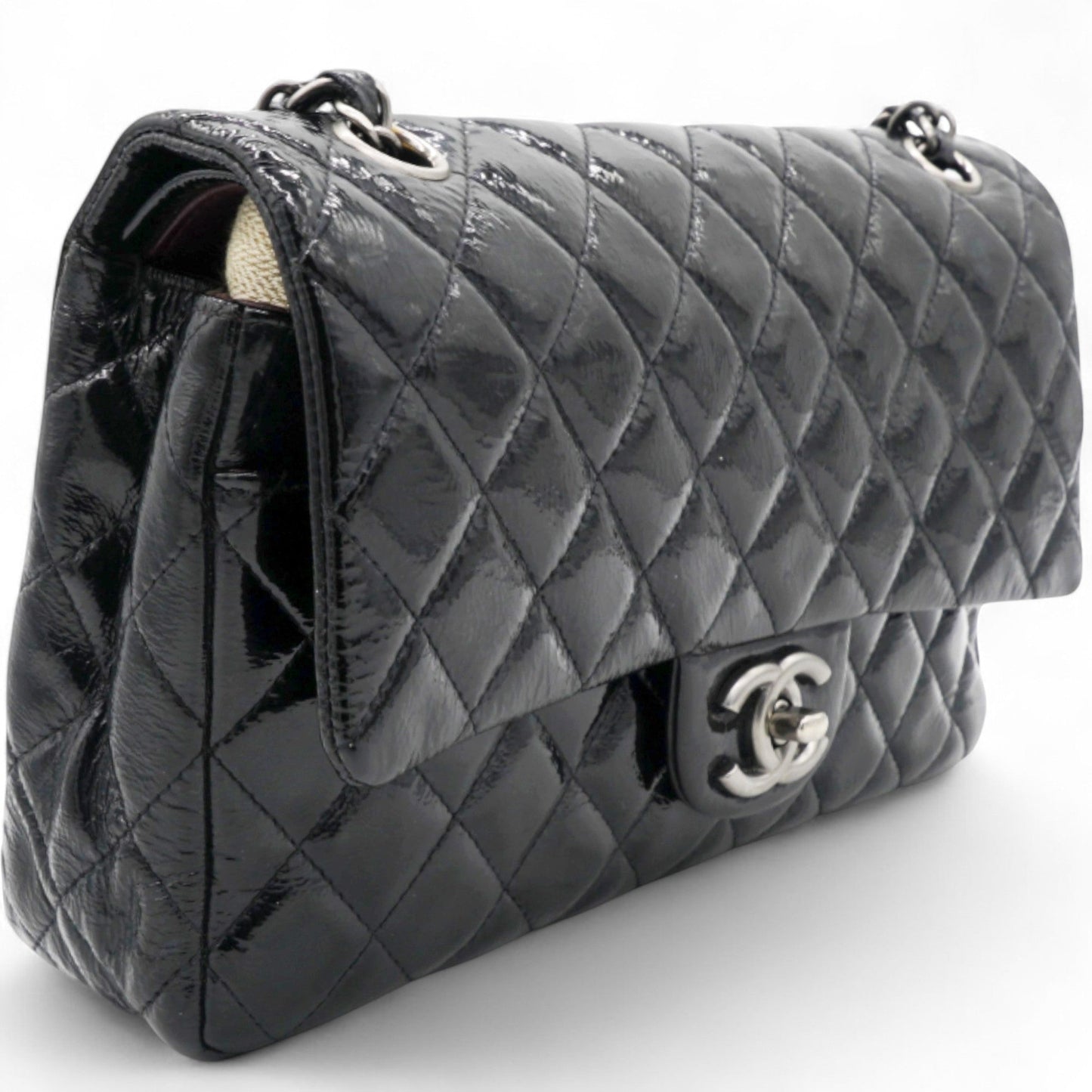 Distressed Patent Quilted Double Flap Black