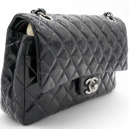 Distressed Patent Quilted Double Flap Black