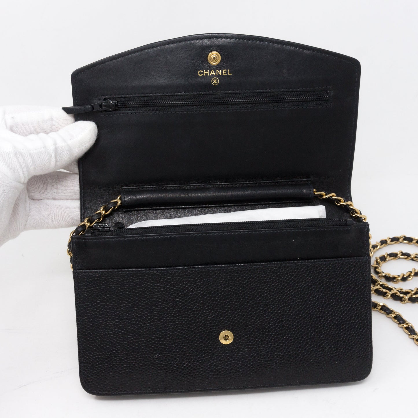 Timeless CC Wallet On Chain Black Caviar Leather