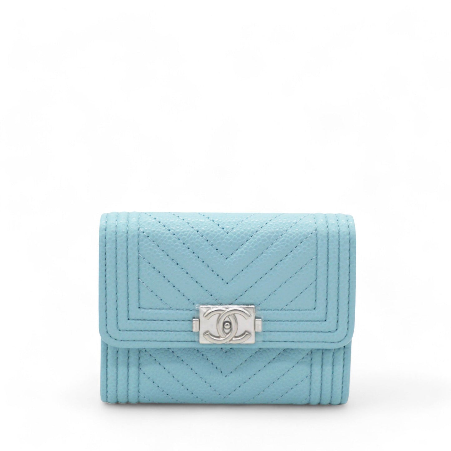 Caviar Chevron Quilted Boy  Holder Wallet Light Blue