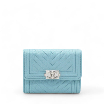 Caviar Chevron Quilted Boy  Holder Wallet Light Blue