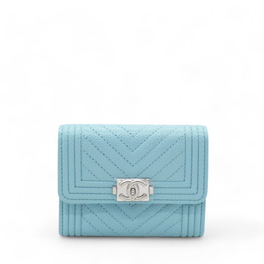 Caviar Chevron Quilted Boy  Holder Wallet Light Blue