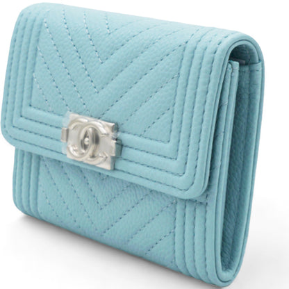 Caviar Chevron Quilted Boy  Holder Wallet Light Blue