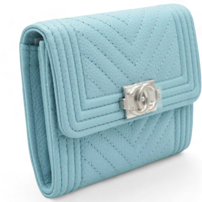 Caviar Chevron Quilted Boy  Holder Wallet Light Blue