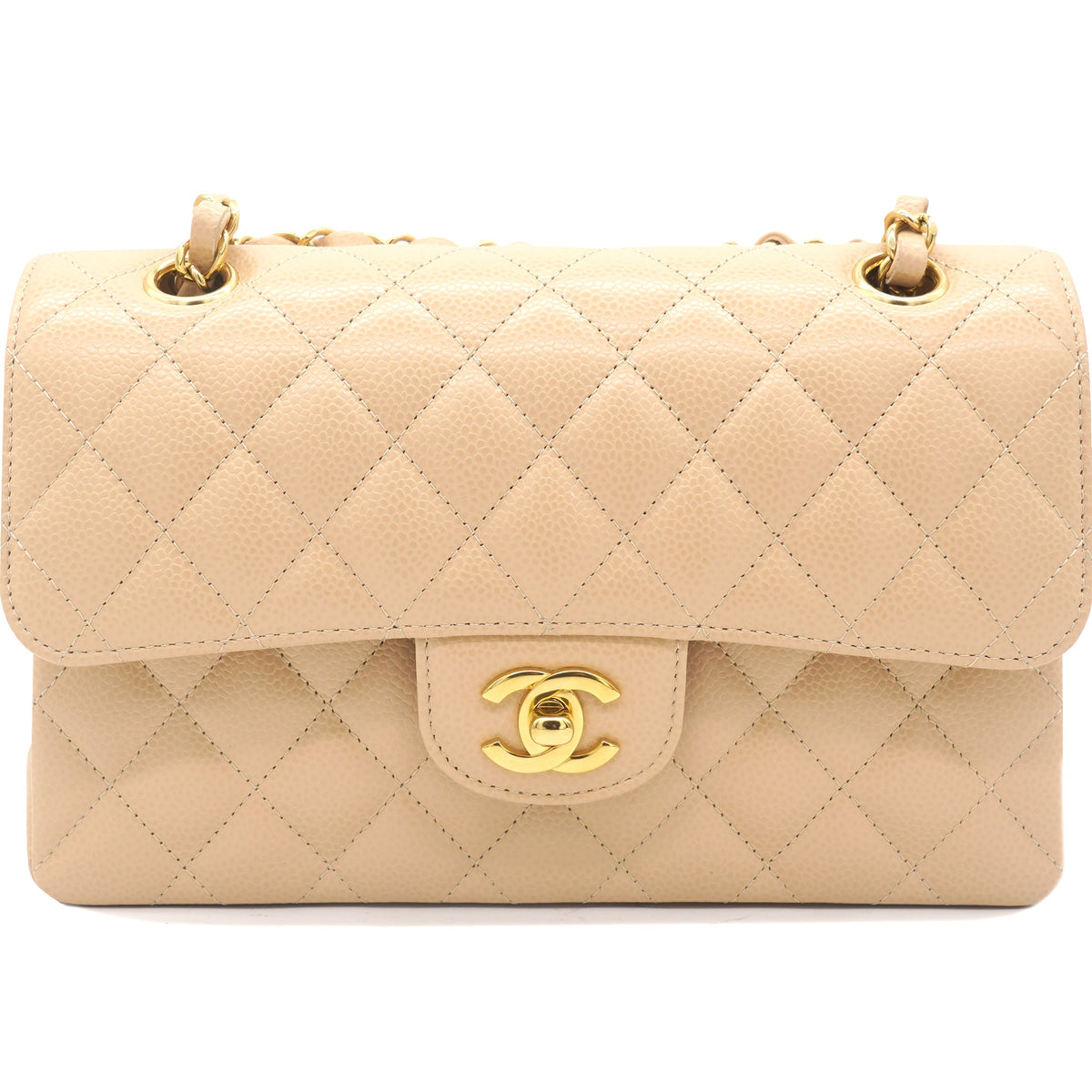 Caviar Quilted Small Classic Double Flap Beige