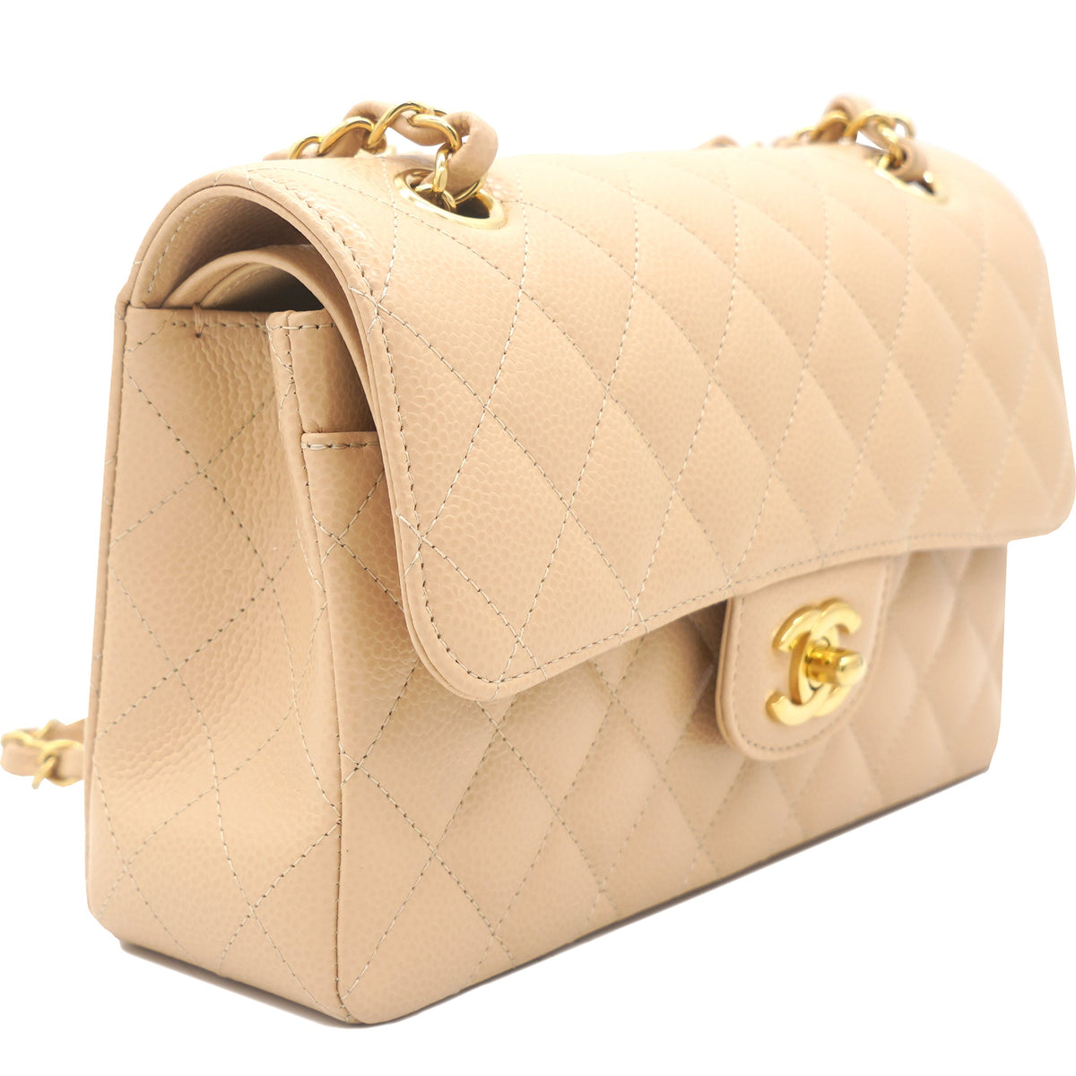 Caviar Quilted Small Classic Double Flap Beige