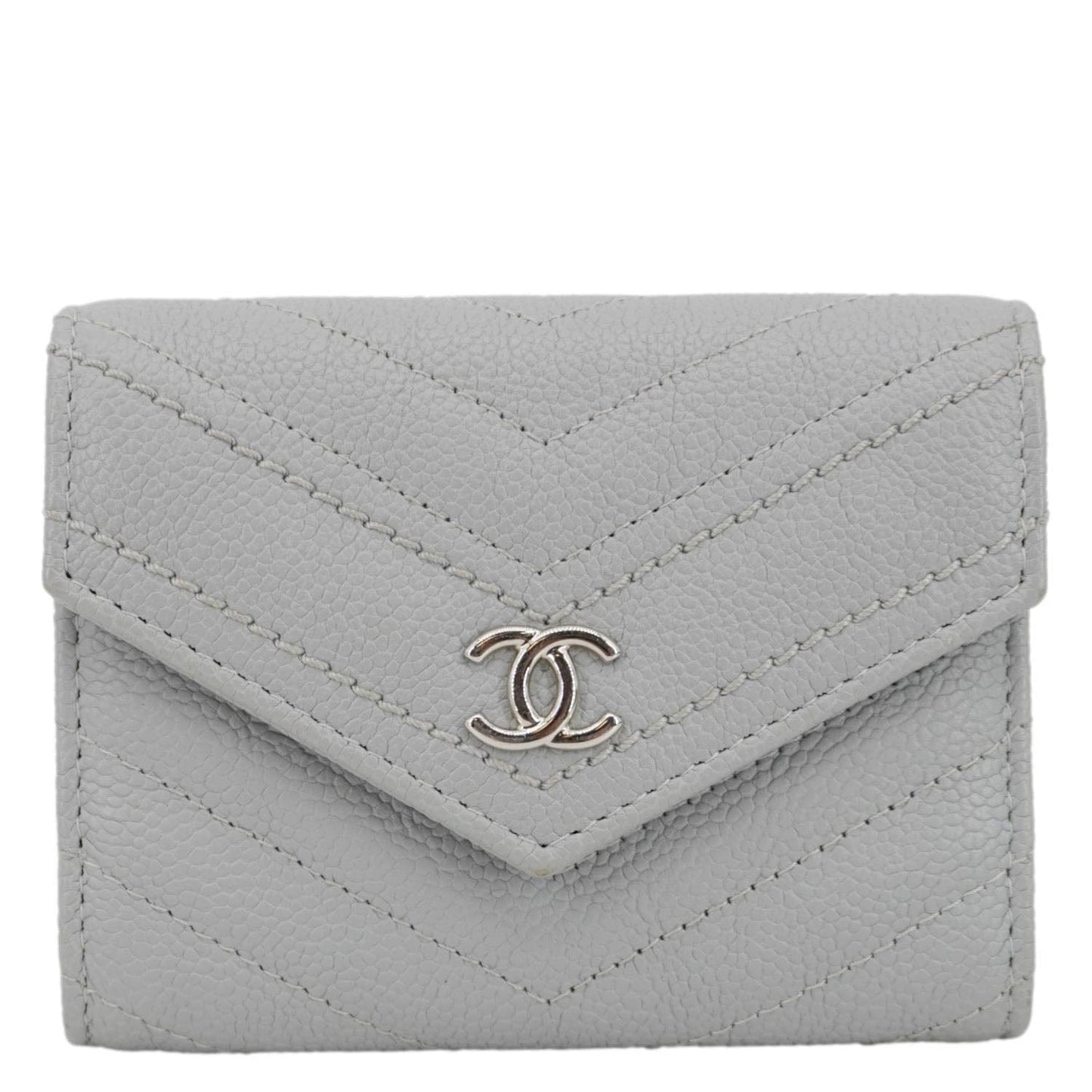 Chanel Envelope Flap Chevron Caviar Leather Compact Wallet Grey