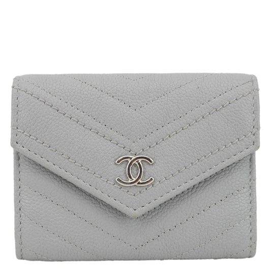 Chanel Envelope Flap Chevron Caviar Leather Compact Wallet Grey