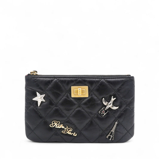 Aged Calfskin Quilted Small Lucky Charms Coin Purse Black
