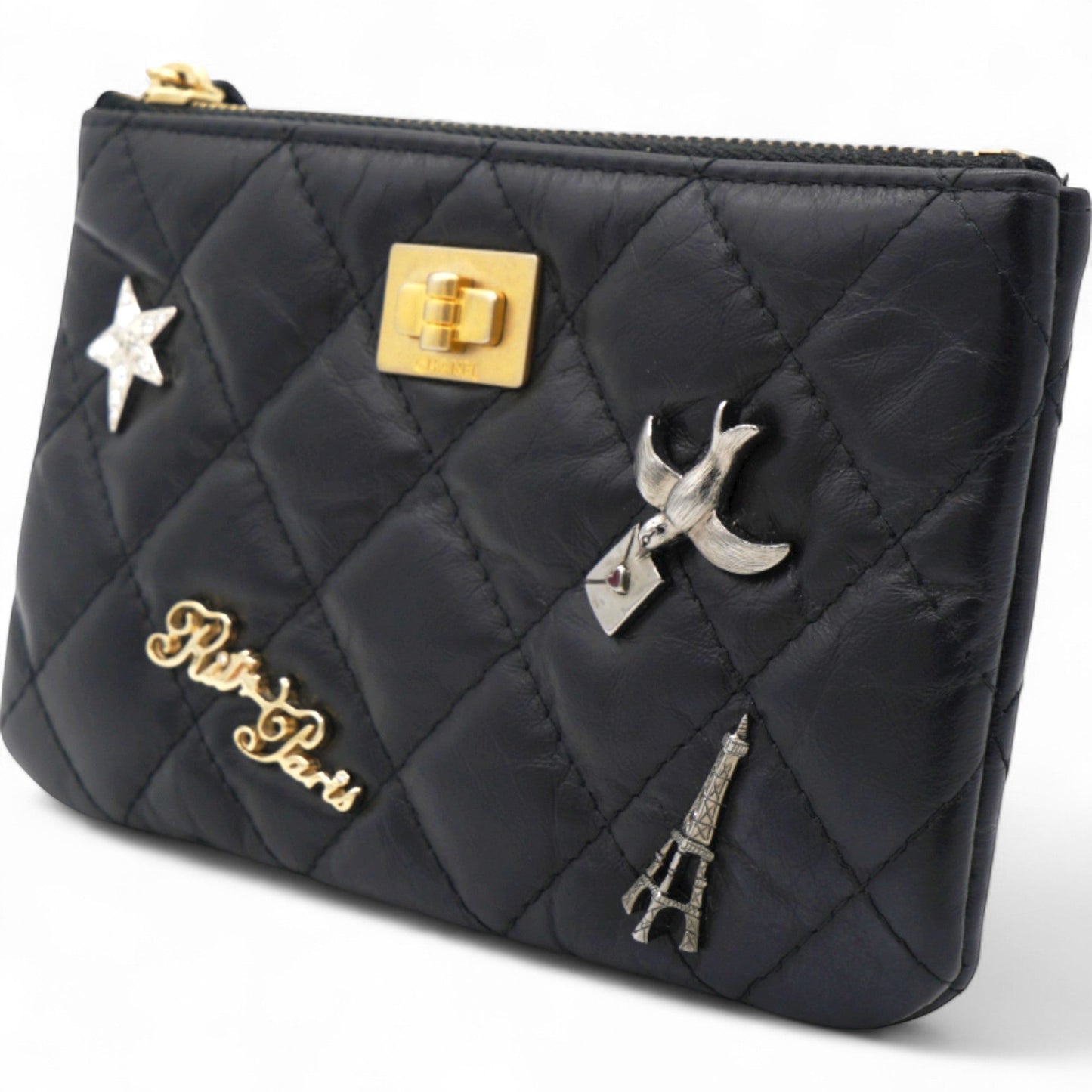 Aged Calfskin Quilted Small Lucky Charms Coin Purse Black