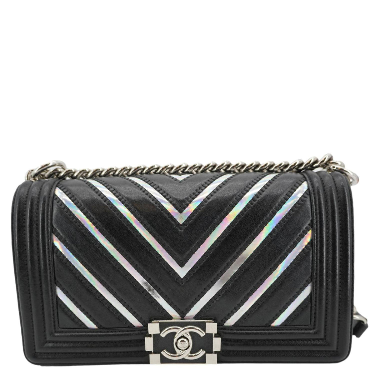 Chanel Boy Flap Chevron Leather with Holographic PVC Crossbody Bag Black
