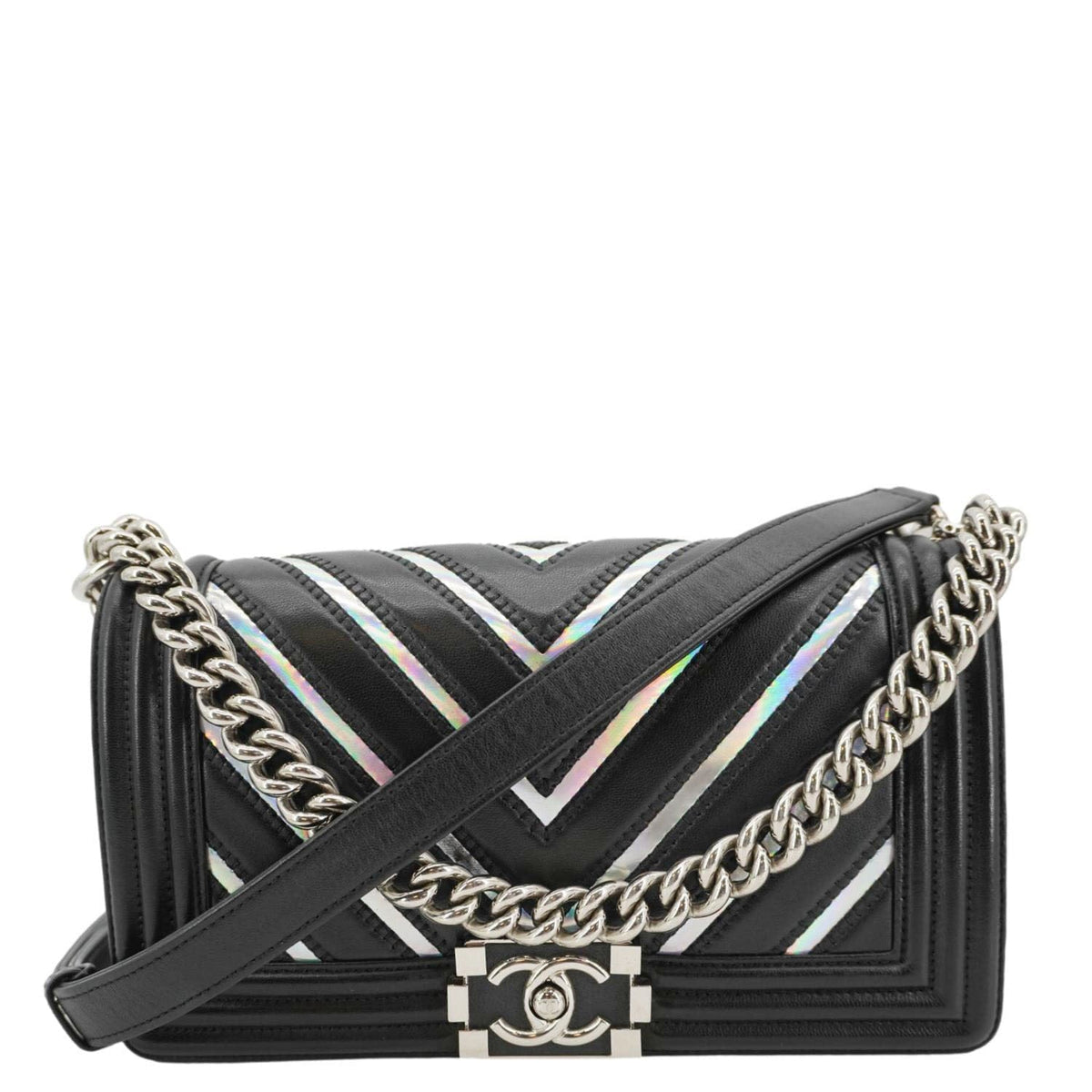 Chanel Boy Flap Chevron Leather with Holographic PVC Crossbody Bag Black