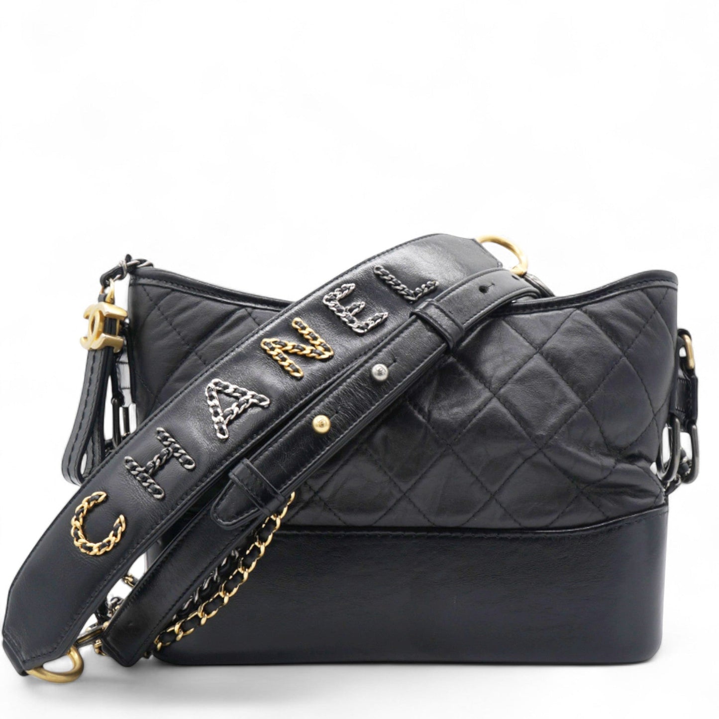 Quilted Aged Leather Gold/Silver Tone Medium Black