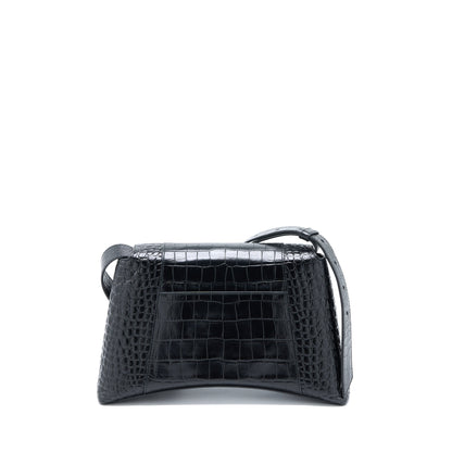 Balenciaga Small Downtown Shoulder Bag Croc Embossed Leather Black with Black Hardware