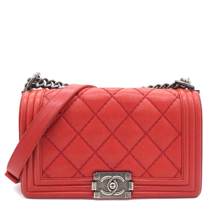 Quilted Medium Boy Bag Calfskin Red Ruthenium Hardware