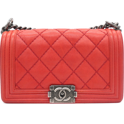 Quilted Medium Boy Bag Calfskin Red Ruthenium Hardware