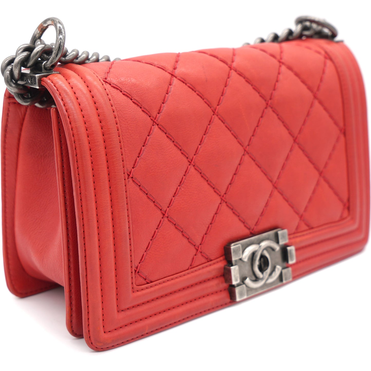 Quilted Medium Boy Bag Calfskin Red Ruthenium Hardware