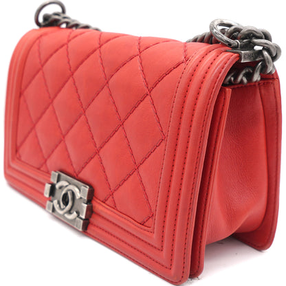 Quilted Medium Boy Bag Calfskin Red Ruthenium Hardware