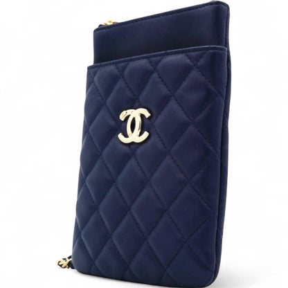 Navy Lambskin Quilted Flap Front Pocket Phone Holder Bag