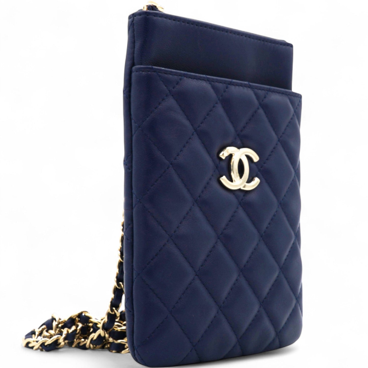 Navy Lambskin Quilted Flap Front Pocket Phone Holder Bag