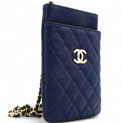 Navy Lambskin Quilted Flap Front Pocket Phone Holder Bag