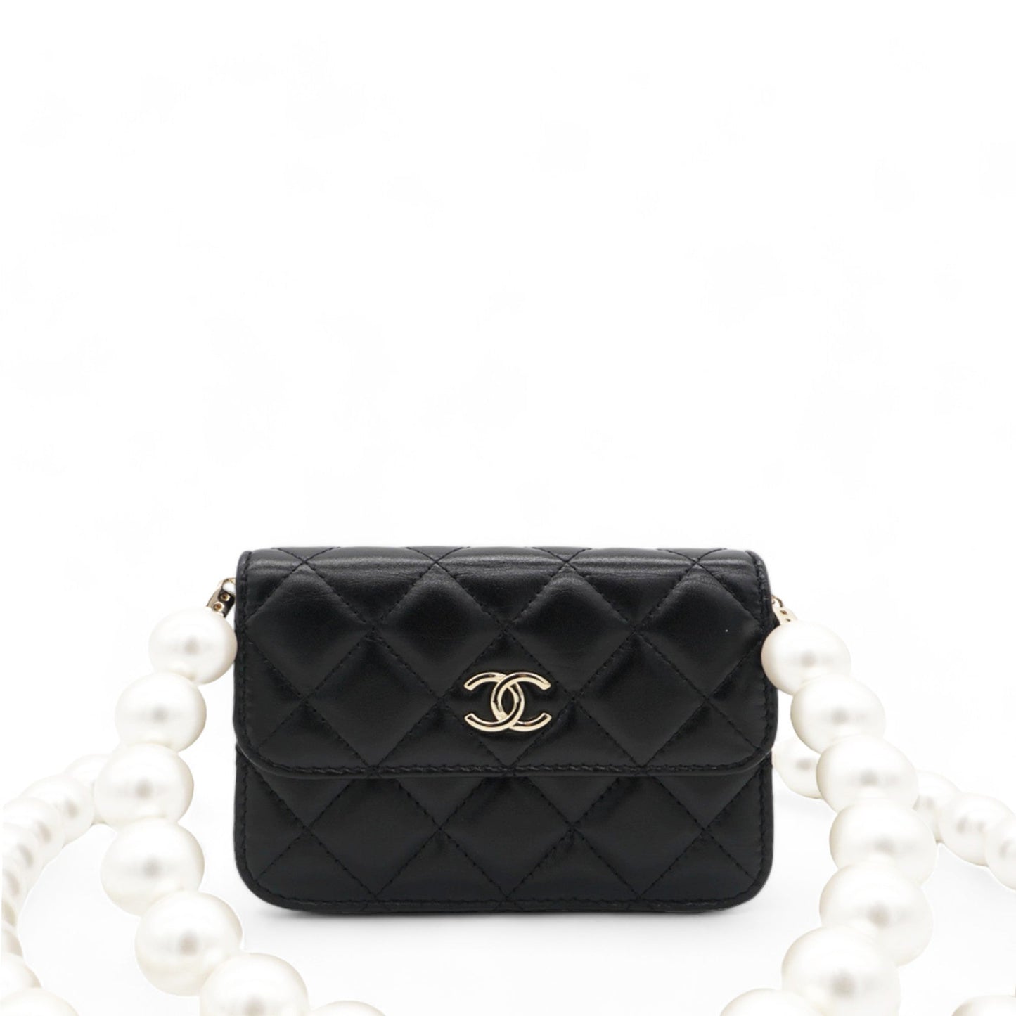 Calfskin Quilted Maxi Pearls  Holder Flap With Chain Black