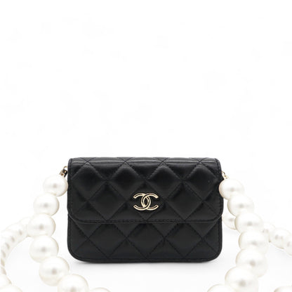 Calfskin Quilted Maxi Pearls  Holder Flap With Chain Black