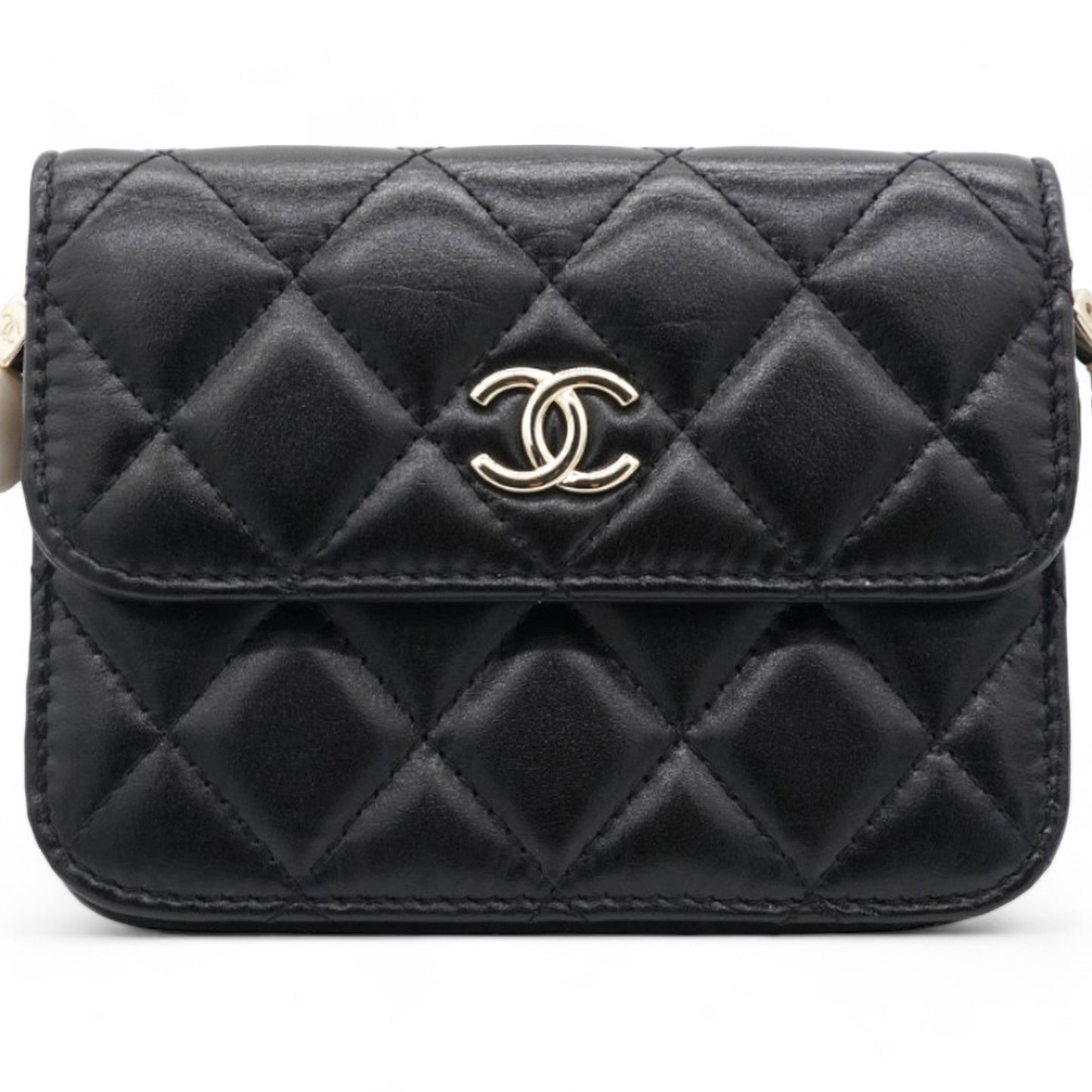 Calfskin Quilted Maxi Pearls  Holder Flap With Chain Black