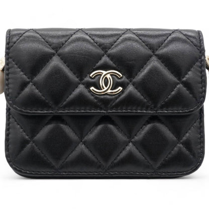 Calfskin Quilted Maxi Pearls  Holder Flap With Chain Black