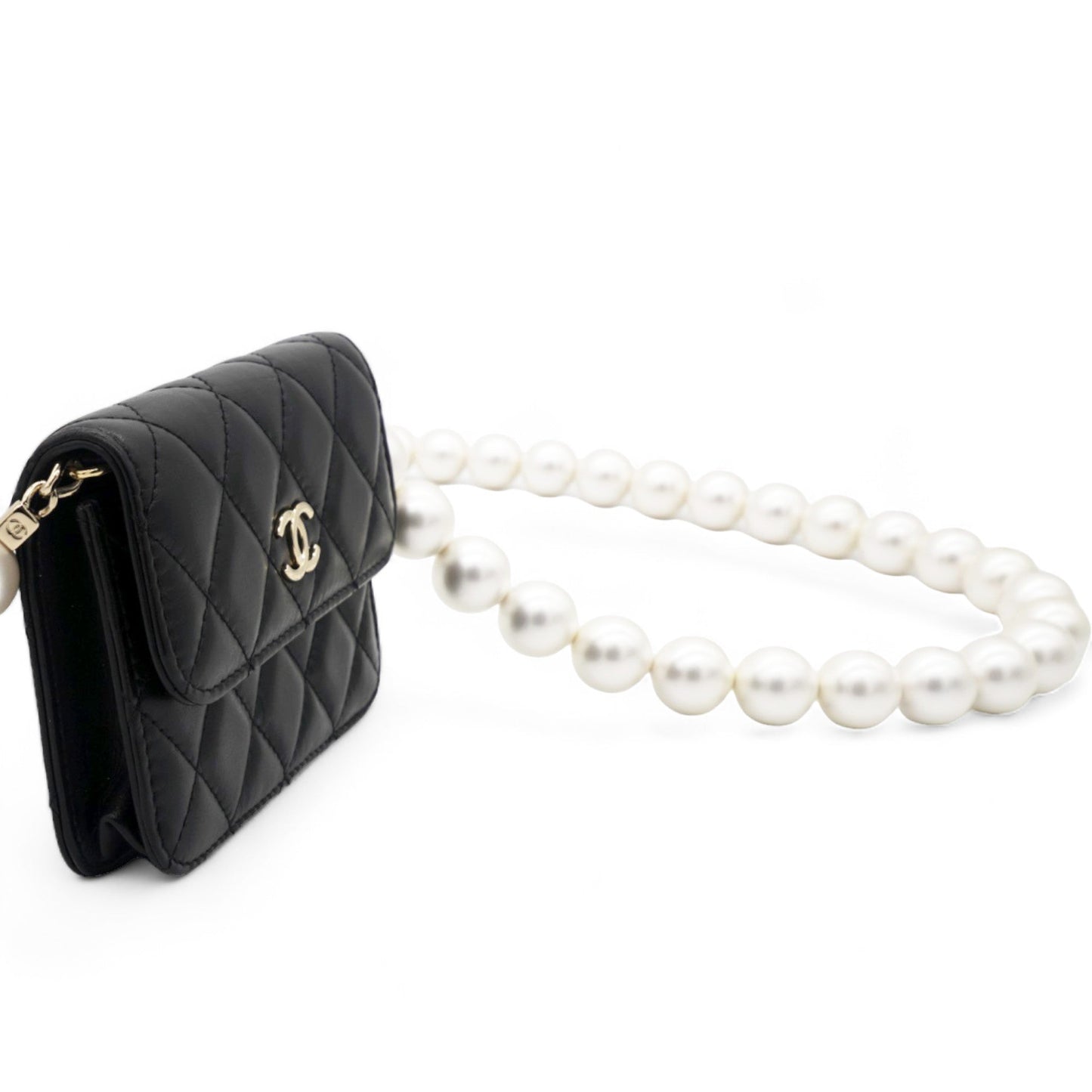 Calfskin Quilted Maxi Pearls  Holder Flap With Chain Black