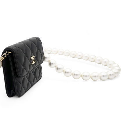 Calfskin Quilted Maxi Pearls  Holder Flap With Chain Black