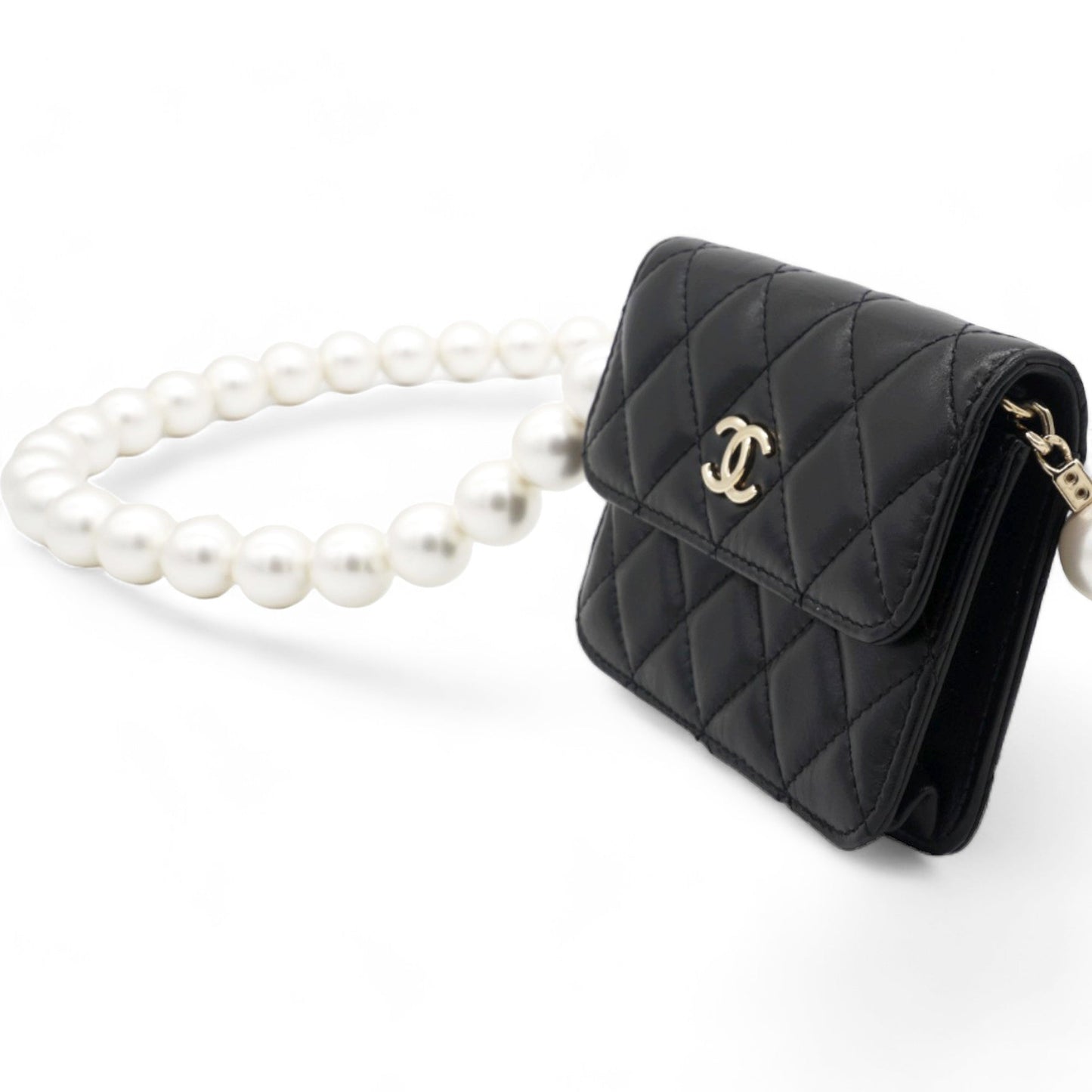 Calfskin Quilted Maxi Pearls  Holder Flap With Chain Black