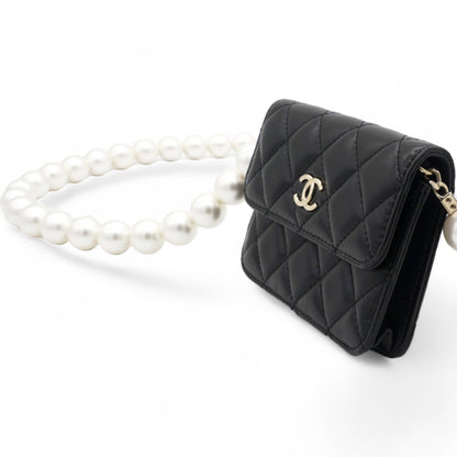 Calfskin Quilted Maxi Pearls  Holder Flap With Chain Black