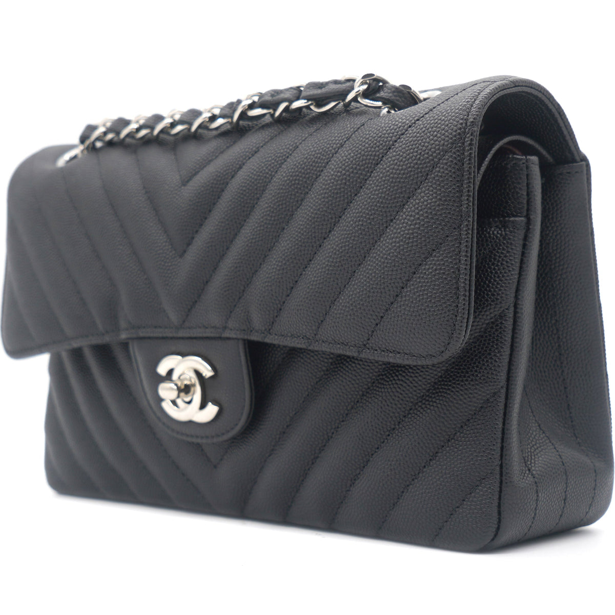 Caviar Chevron Quilted Small Double Flap Black