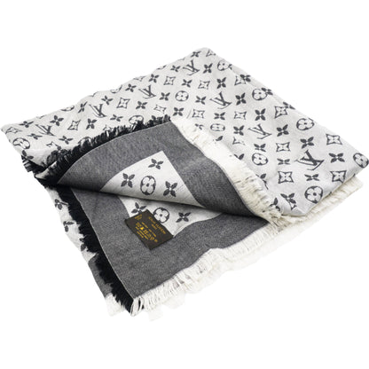 Louis-vuitton Wool Silk Monogram Denim Shawl Black 140