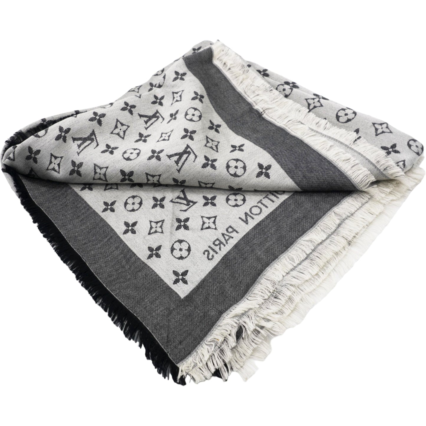 Louis-vuitton Wool Silk Monogram Denim Shawl Black 140
