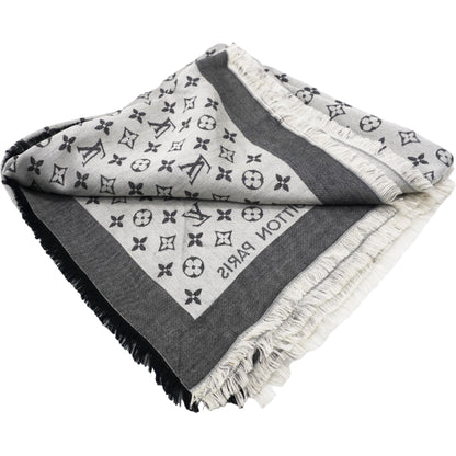 Louis-vuitton Wool Silk Monogram Denim Shawl Black 140