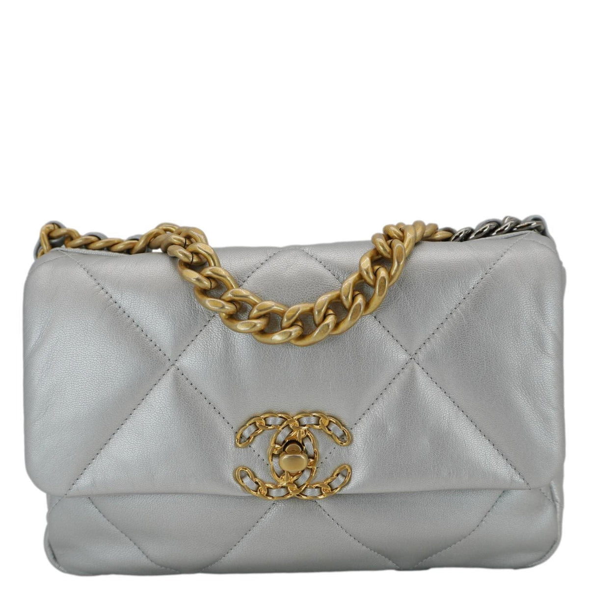 Chanel 19 Medium Flap Quilted Leather Shoulder Bag Metallic Silver