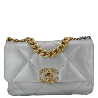 Chanel 19 Medium Flap Quilted Leather Shoulder Bag Metallic Silver