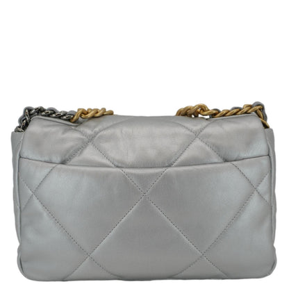Chanel 19 Medium Flap Quilted Leather Shoulder Bag Metallic Silver