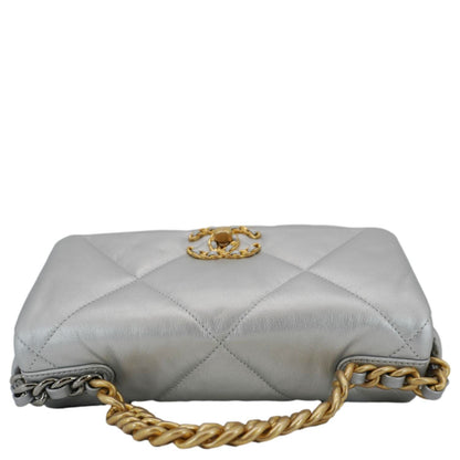 Chanel 19 Medium Flap Quilted Leather Shoulder Bag Metallic Silver