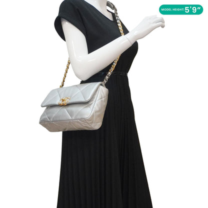 Chanel 19 Medium Flap Quilted Leather Shoulder Bag Metallic Silver