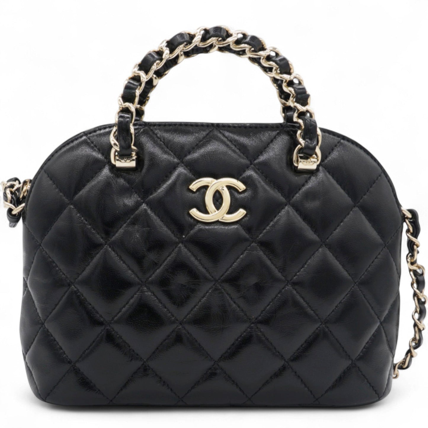 Shiny Lambskin Quilted Shiny Coco Clutch With Chain Black