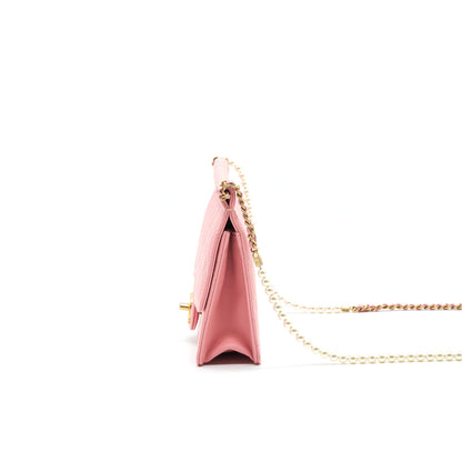 Chanel quilted Pearl Chain Goat Skin flap Bag PINK GHW
