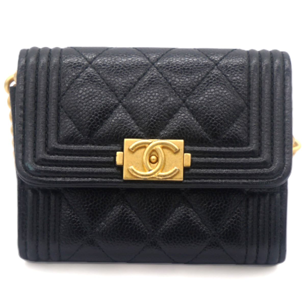 Black Caviar Leather Boy Card Holder with Chain