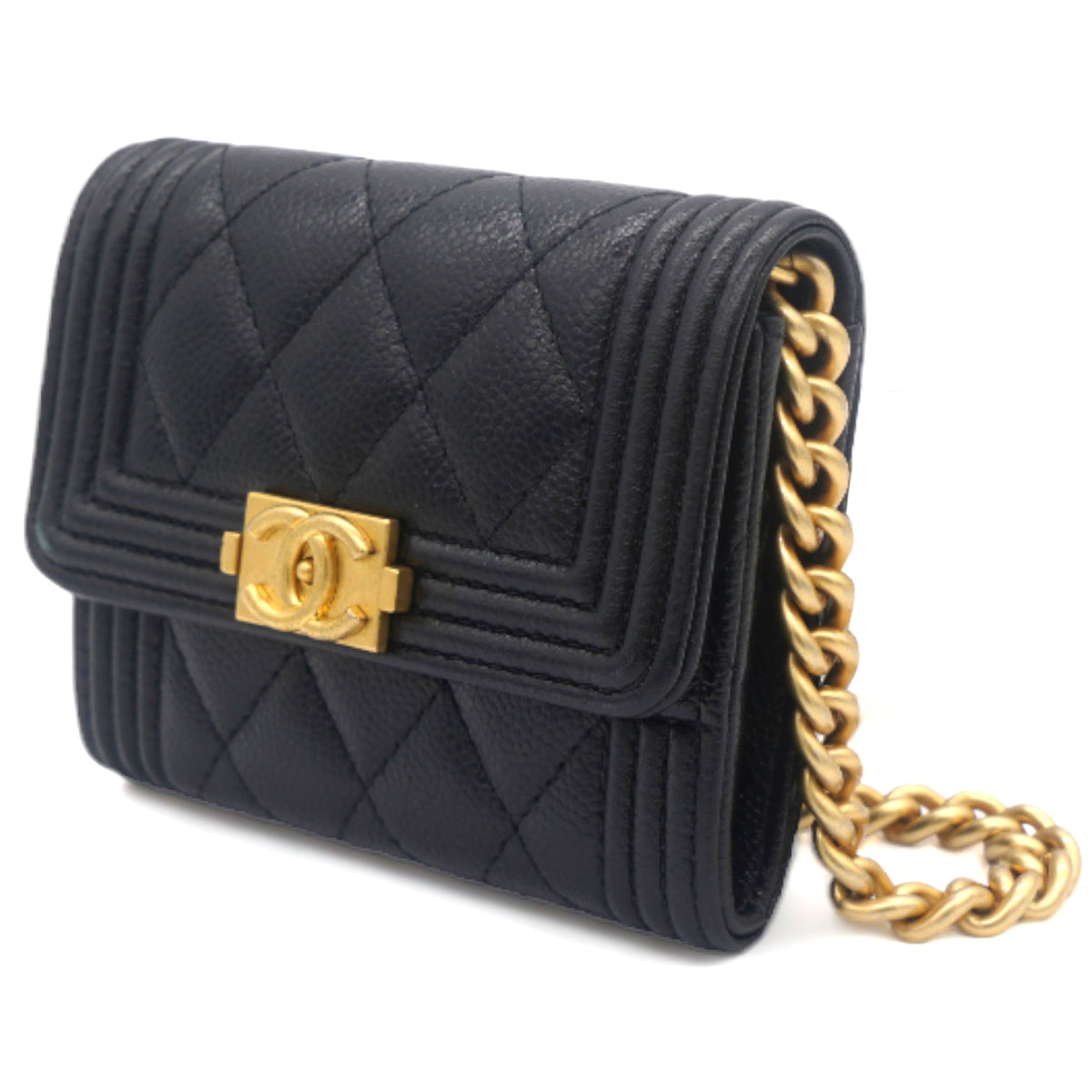 Black Caviar Leather Boy Card Holder with Chain