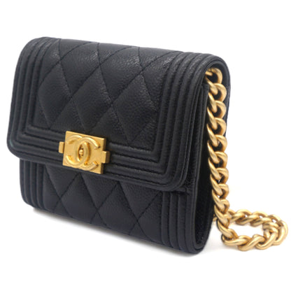Black Caviar Leather Boy  Holder with Chain