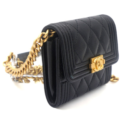 Black Caviar Leather Boy  Holder with Chain