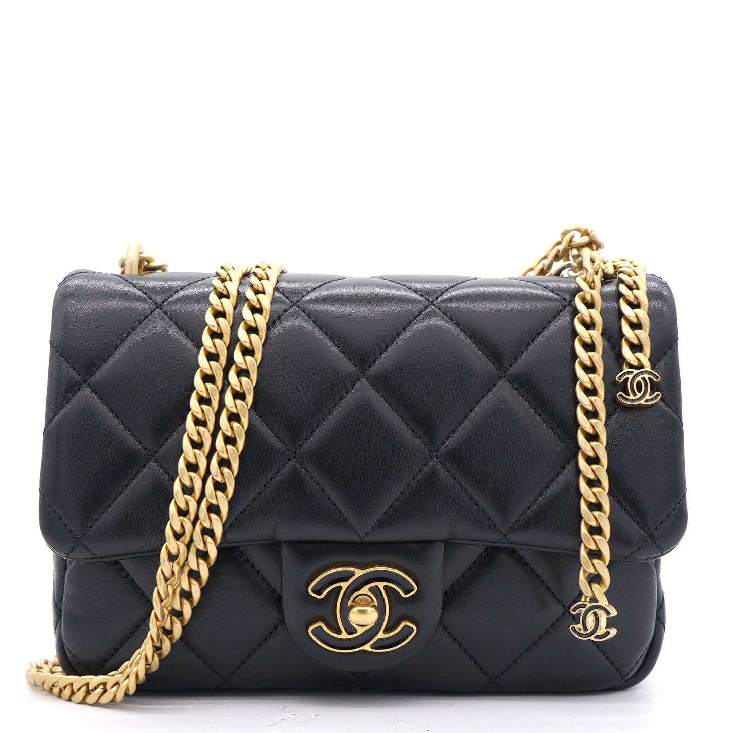 Lambskin Enamel Quilted Pending CC Mini Square Flap Black